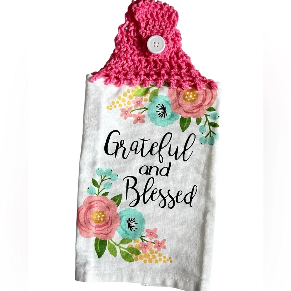 Hand Crafted Floral Hanging Kitchen Hand Towels Colorful Grateful and Blessed
